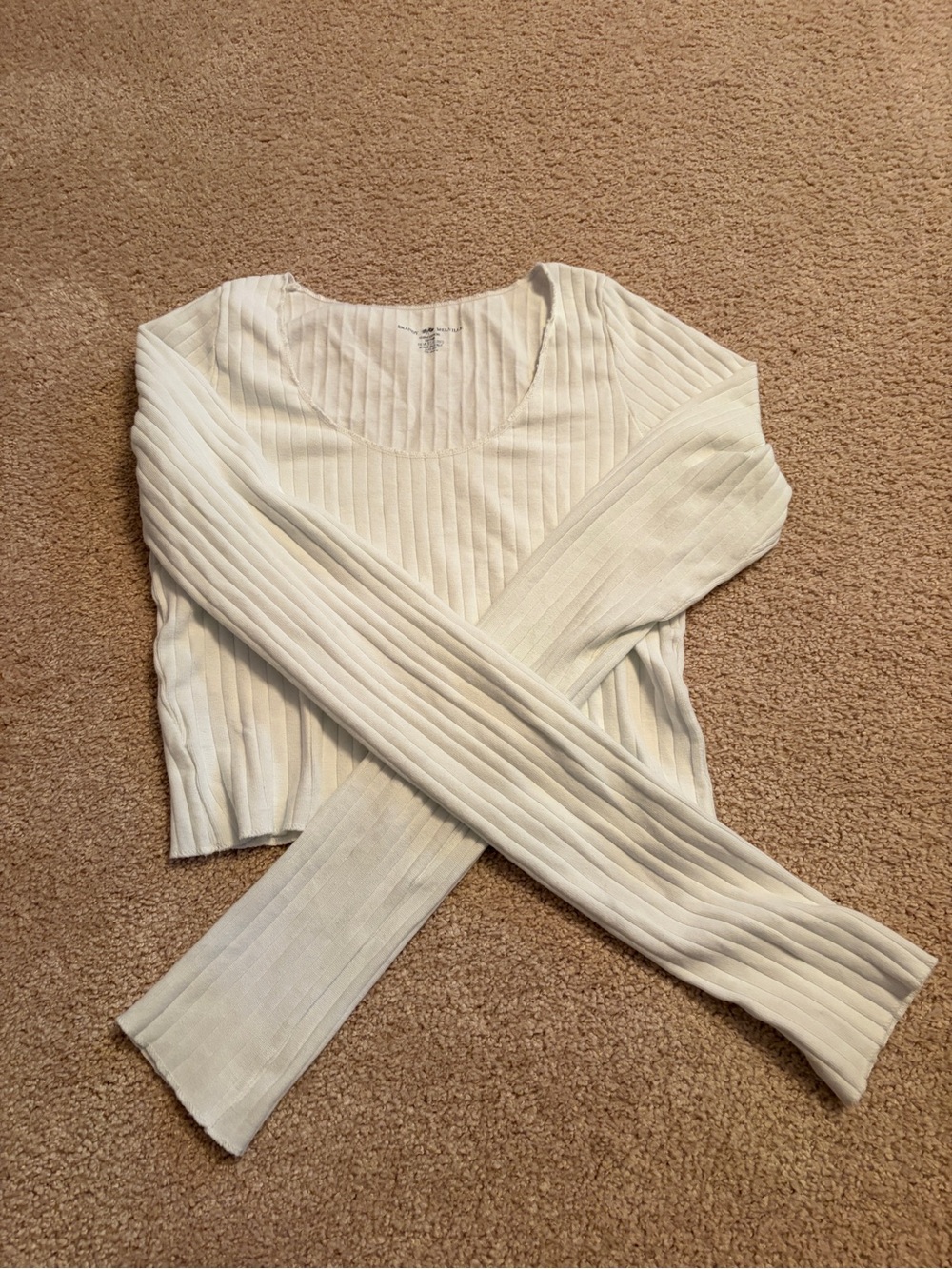Brandy Melville Cream Ribbed Scoop-Neck Long Sleeve Top
